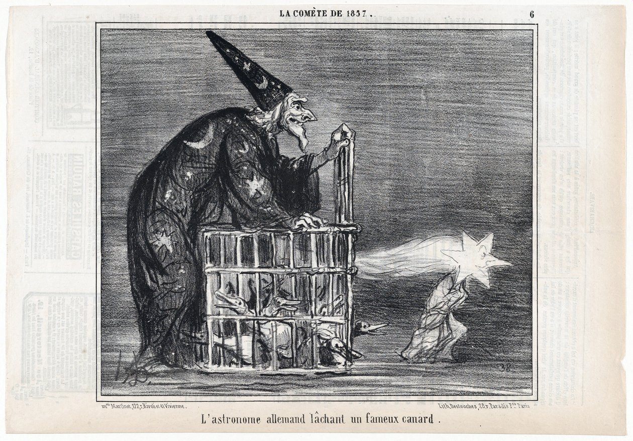 O cometa de 1857, "O astrônomo alemão lançando um famoso pato", de Le Charivari, pub. 1858 (gravura) de Honoré Daumier