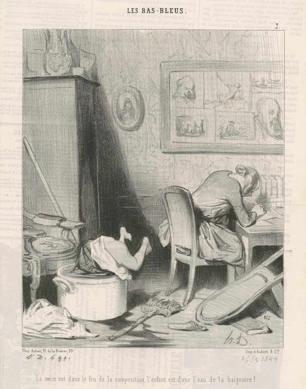 A mãe no fogo da composição, a criança na água da banheira! de Honoré Daumier