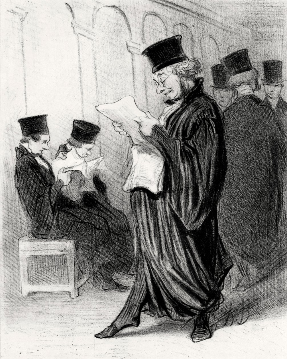 Advogado Chabotard enquanto lia em um jornal jurídico um elogio a si mesmo, 1846. de Honoré Daumier