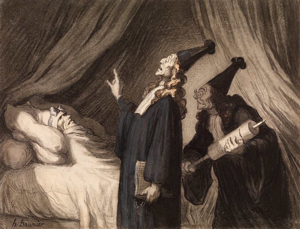 The Imaginary Ill, c.1850 (giz preto e wc no papel) de Honoré Daumier