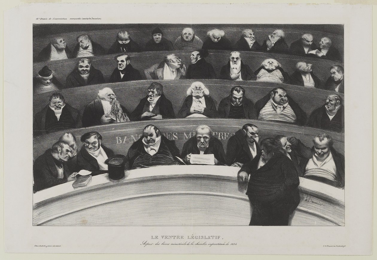 Le Ventre Législatif: Aspect des bancs ministériels de la chambre improstituée de 1834, ou O Ventre Législatif: Vista das bancadas ministeriais da Câmara da Prostituição de 1834 de Honoré Daumier