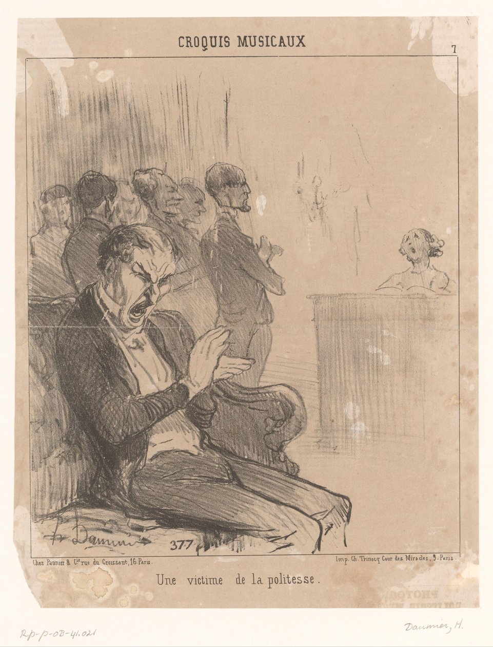 O homem aplaude, enquanto boceja, por um cantor atrás de um piano
Une victime de la politesse (título sobre o objecto)
Actuações musicais (título da série)
Croquis musicaux (título da série sobre o objecto) de Honoré Daumier