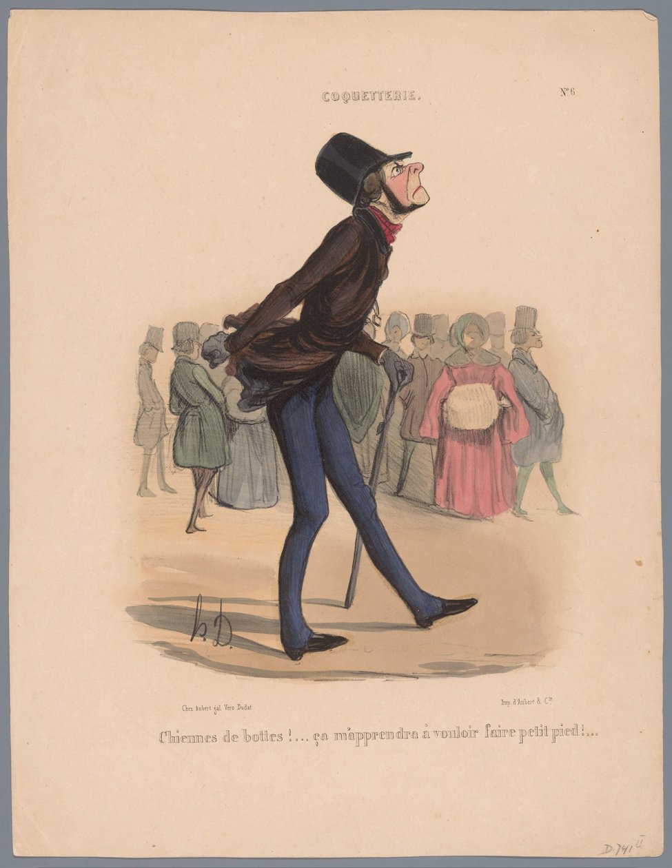 O homem anda em sapatos que são muito pequenos Chien de bottes! (...) (título no objeto) Vaidade (título da série) Coqueteria (título da série no objeto) de Honoré Daumier