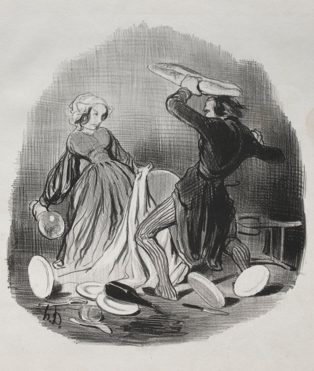 Costumes matrimoniais: Ah! você acha que sua esposa não lhe fornece o suficiente, vilão ..., 1841. de Honoré Daumier