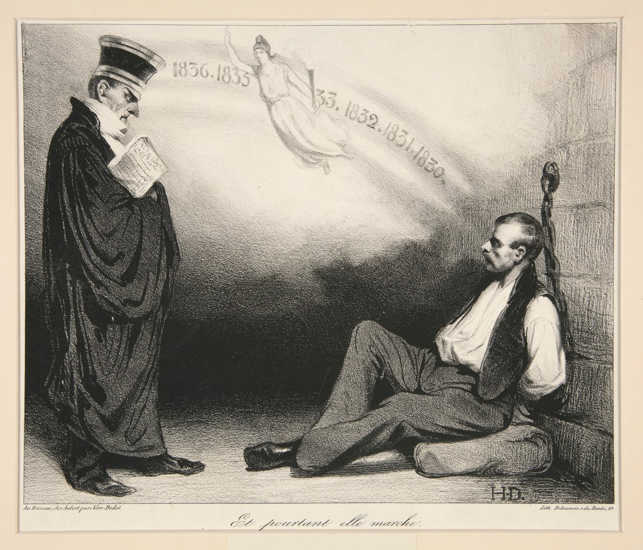 Moderne Galil?e. Et pourtant elle marche. (A Modern Galileo. E no entanto ela move-se), pl. 436 da revista La Caricature no. 209 de Honoré Daumier