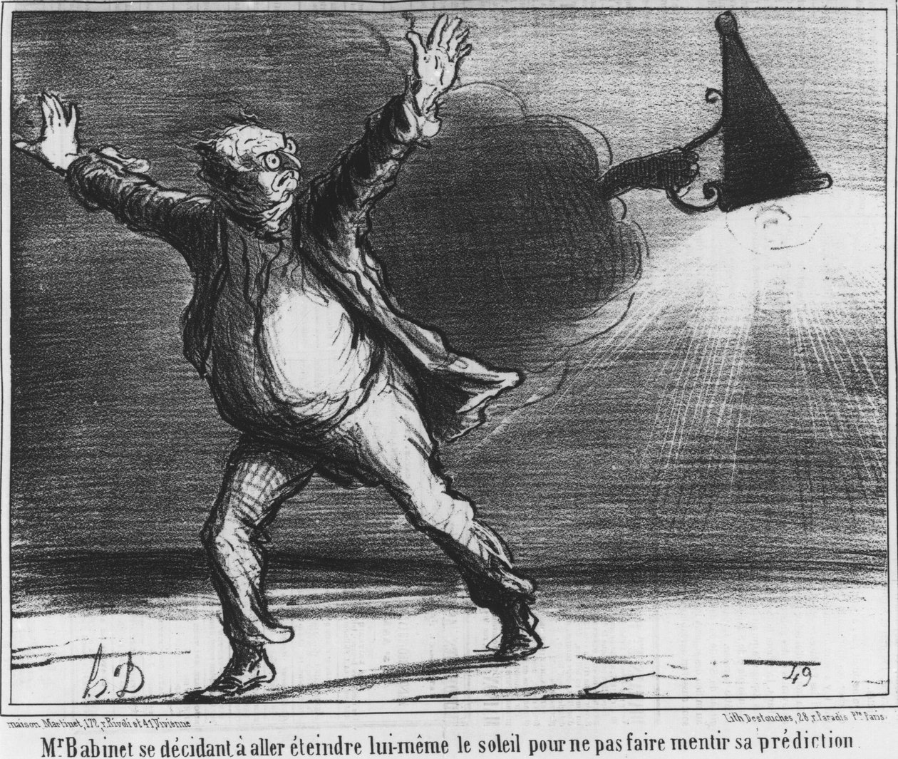 Monsieur Babient decidiu ir e desligar o próprio sol para não fazer sua previsão mentir, caricaturar sobre o cometa Honore Daumier de 1857 (1808-1879). de Honoré Daumier