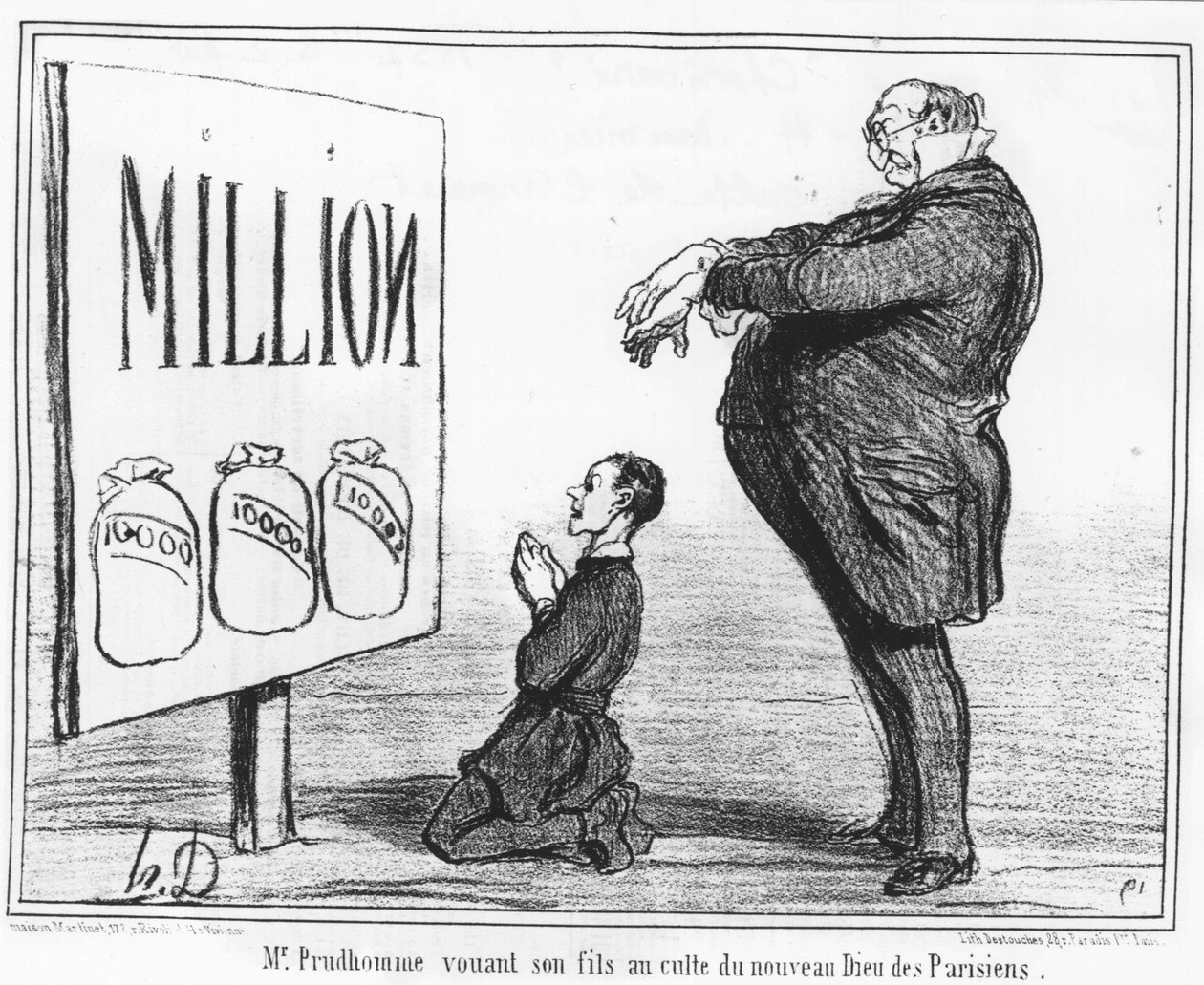 Monsieur Prudhomme dedicando seu filho ao culto do novo Deus dos parisienses: tirado de "News", uma série de desenhos animados sobre o culto da prata de Honore Daumier (1808-1879). Charivari de Honoré Daumier