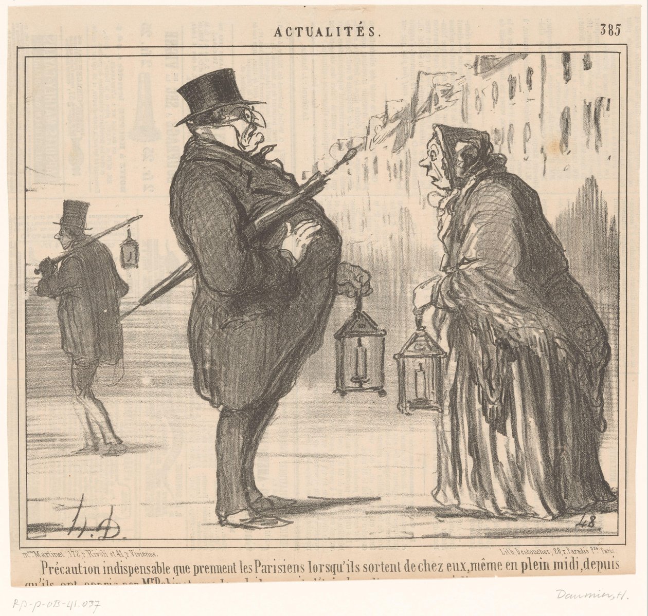 Monsieur Prudhomme en een oude vrouw coloca lantaarn em um guarda-chuva Precaução essencial que os parisienses tomam ao sair de casa (...) (título no objeto) Notícias (título da série) Notícias (título da série no objeto) de Honoré Daumier