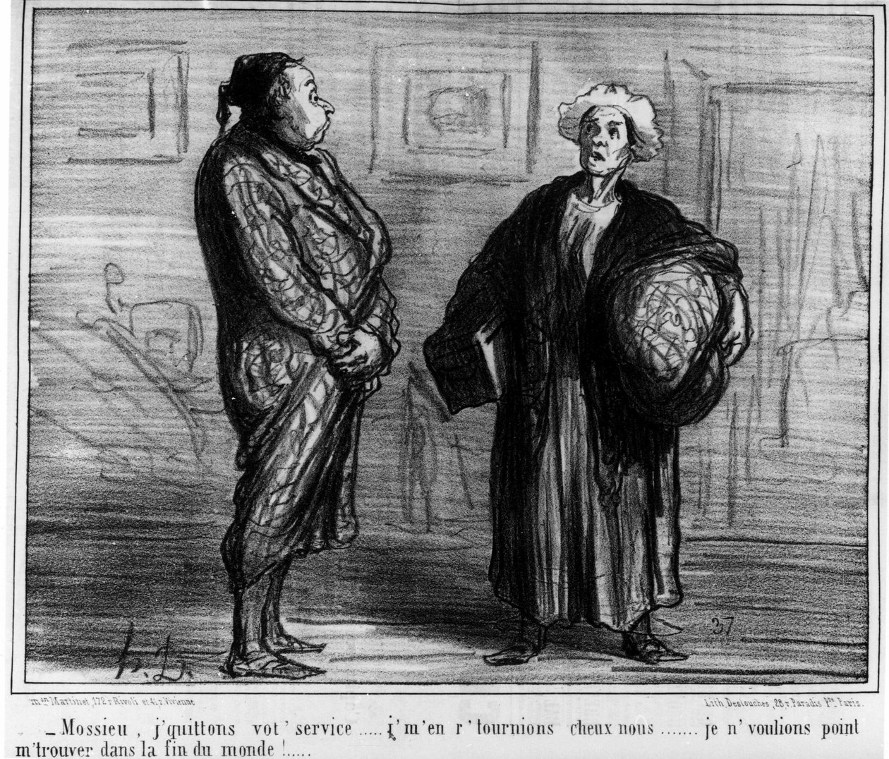 Mossieu, deixo o teu serviço... Eu não queria estar no fim do mundo!... Cartoon de Honore Daumier (1808-1879). "Charivari" de Honoré Daumier
