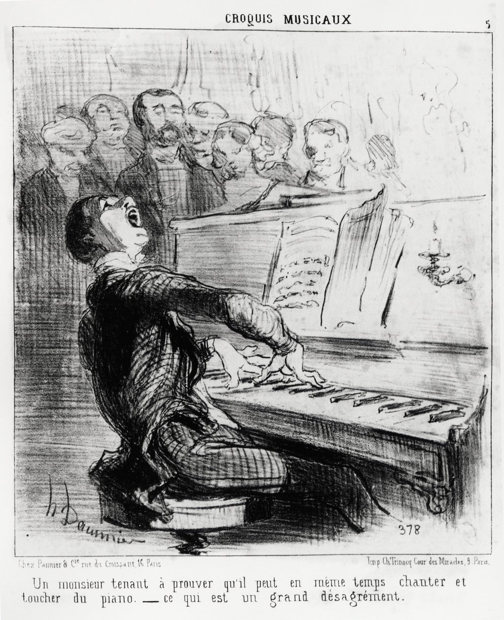 Esboços musicais: um cavalheiro que quer provar que pode ao mesmo tempo cantar e tocar o piano, o que é muito vergonhoso. Ilustração de Honore Daumier (1808-1879), publicada em "Charivari", data de 17 de Fevereiro de 1852. de Honoré Daumier
