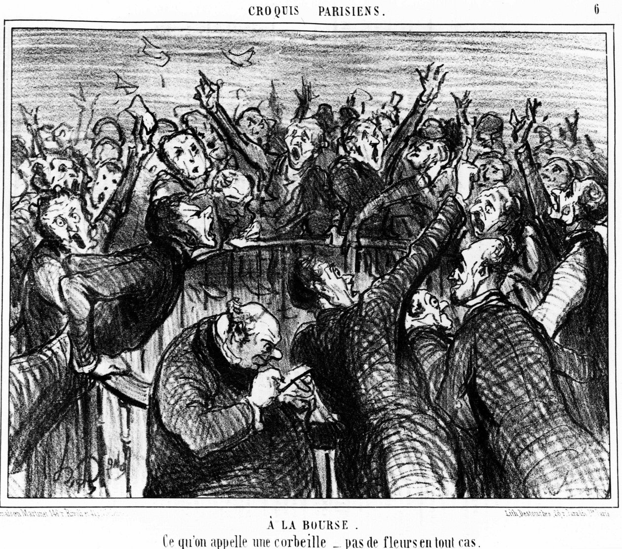 Na bolsa, o que é chamado de cesto, sem flores em qualquer caso: série de caricaturas na bolsa de Honore Daumier (1808-1879). "Charivari". de Honoré Daumier