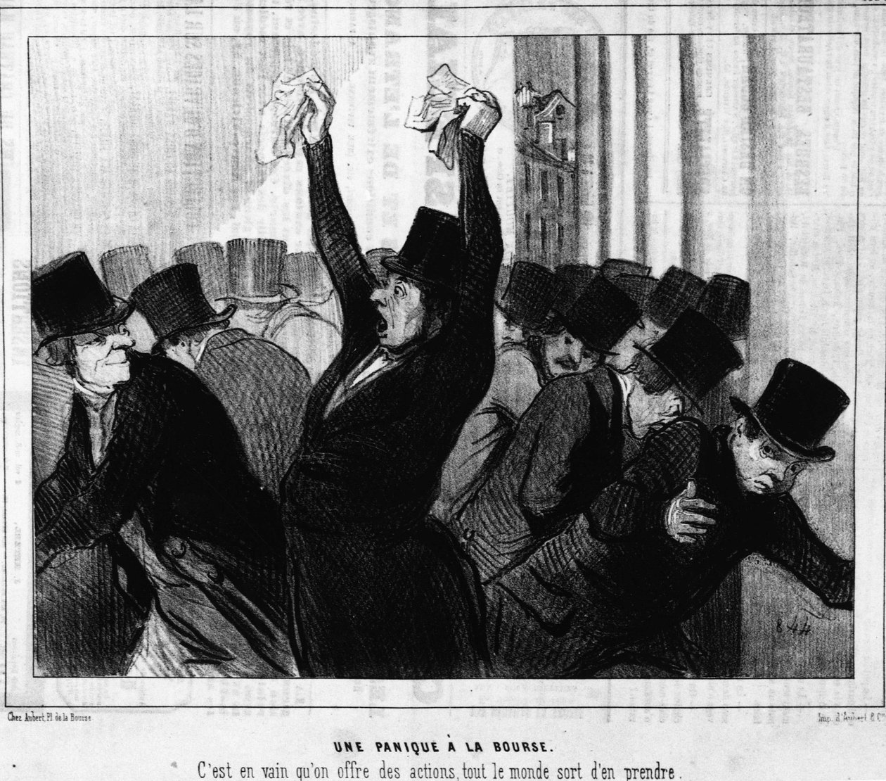 O pânico na bolsa de valores. Foi em vão que as ações foram oferecidas, todos as tiraram: de "Actualites", uma série de desenhos animados na bolsa de Honore Daumier (1808-1879). Charivari de Honoré Daumier