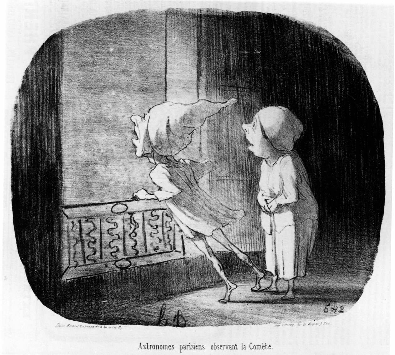 Astrônomos parisienses observando o Comete, retirado de "Astronomia", uma série de desenhos animados sobre astrônomos e o Comete d