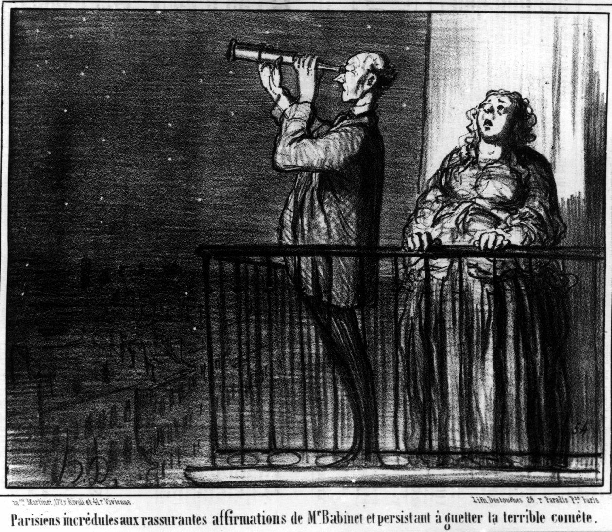 Parisienses incrédulos às afirmações tranquilizadoras de Monsieur Babient e persistentes em assistir ao terrível cometa, a caricatura de Honore Daumier (1808-1879). "Charivari". de Honoré Daumier