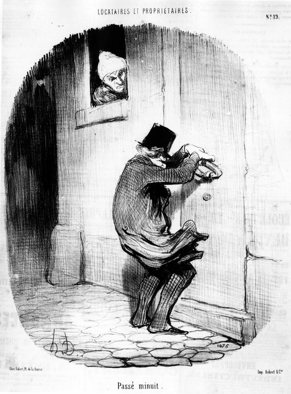 Passou a meia-noite. Homem a regressar tarde ao inquilino, de "Tenants et Owners", série de desenhos animados de Honore Daumier (1808-1879). "Charivari". de Honoré Daumier