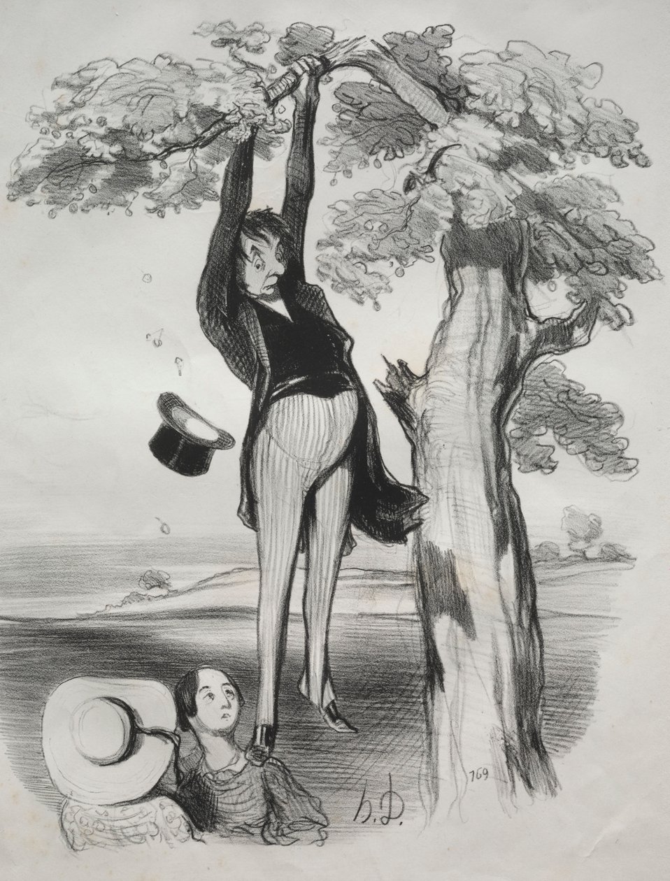 Pastorales, prato 2: Os perigos de sacudir uma ameixeira com muita vigor ..., 1845. de Honoré Daumier