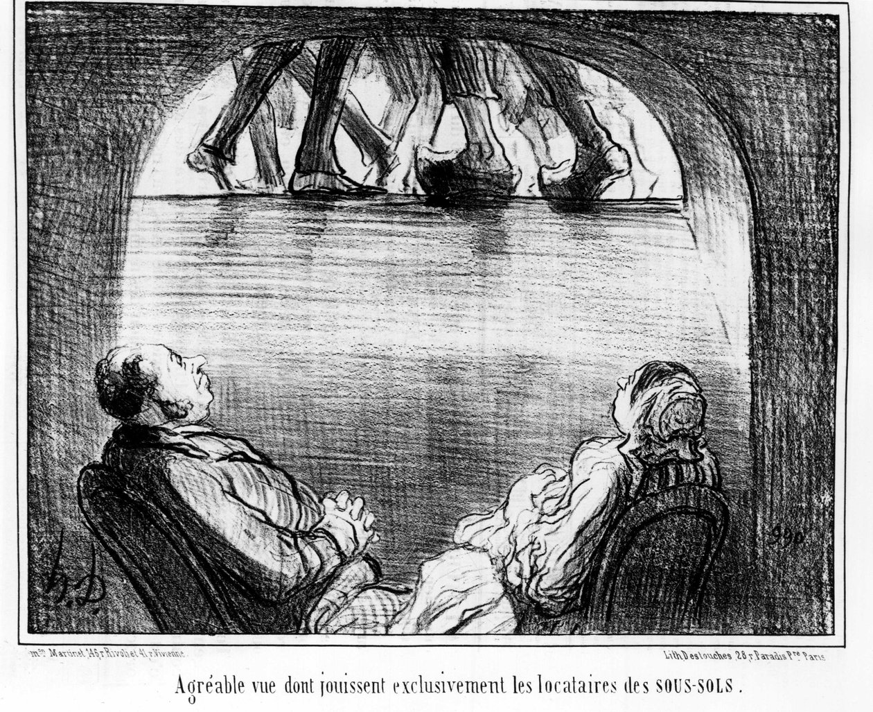 Vista agradável desfrutada exclusivamente pelos inquilinos das caves, tirada de "Tenants et Owners", série de desenhos animados de Honore Daumier (1808-1879). "Charivari". de Honoré Daumier
