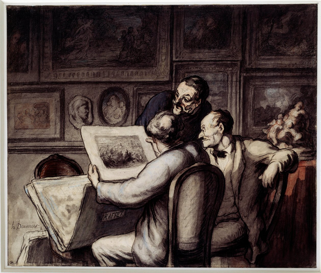 Amantes da impressão. Aguarela, guache e lápis preto, caneta e tinta da china de Honore Daumier (1808-1879). Sol. 0,26 x 0,31 Musee d