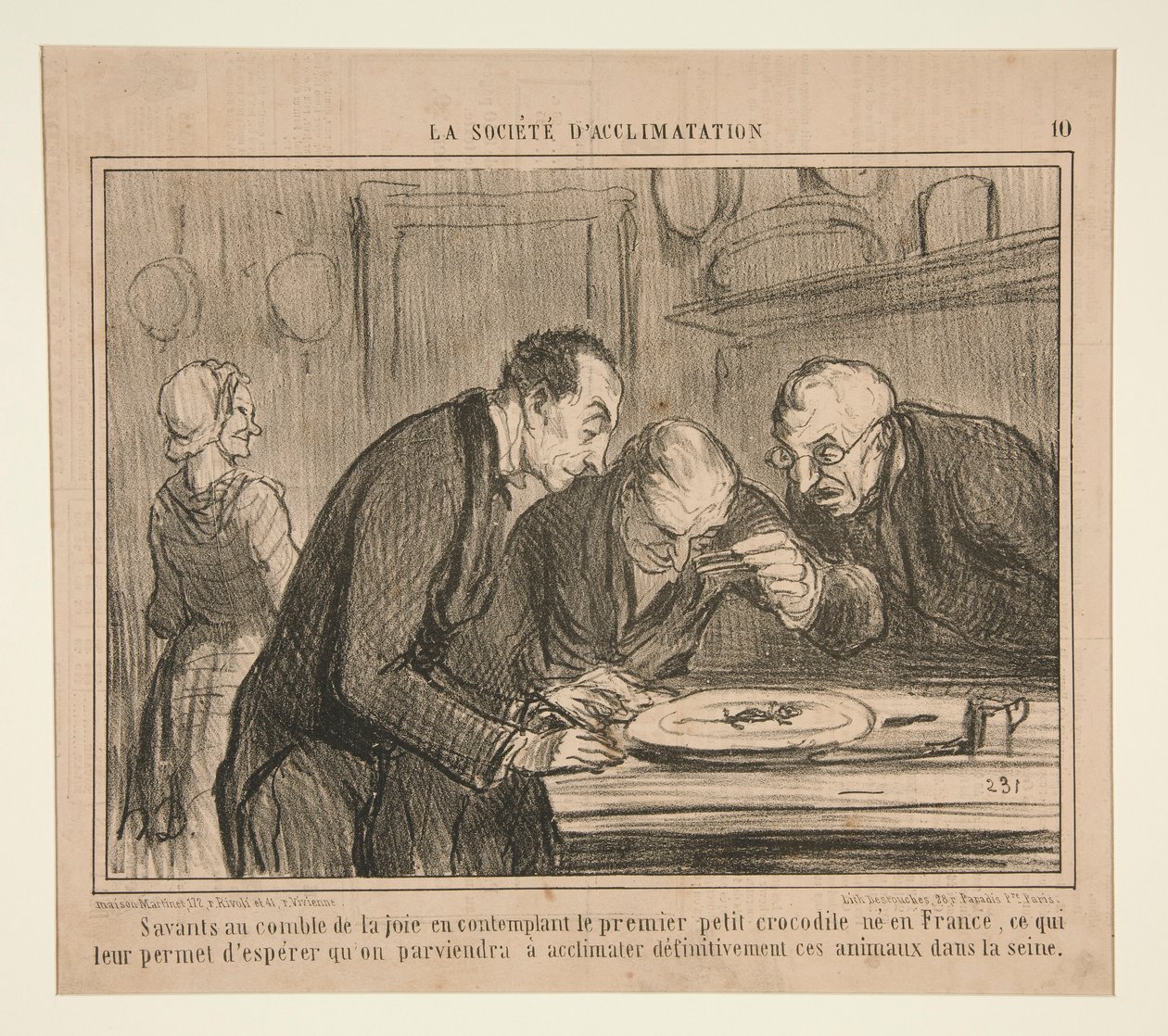 Os cientistas no auge da sua alegria de ver o primeiro pequeno crocodilo de Honoré Daumier