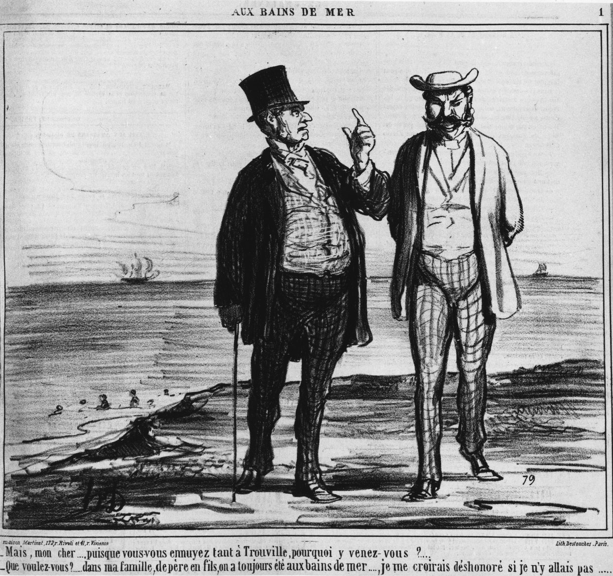 Banhos à beira-mar: Parisienses em uma praia de Trouville do peso das tradições e hábitos familiares - por Honore Daumier, em "Charivari" de 25/08/1859 de Honoré Daumier