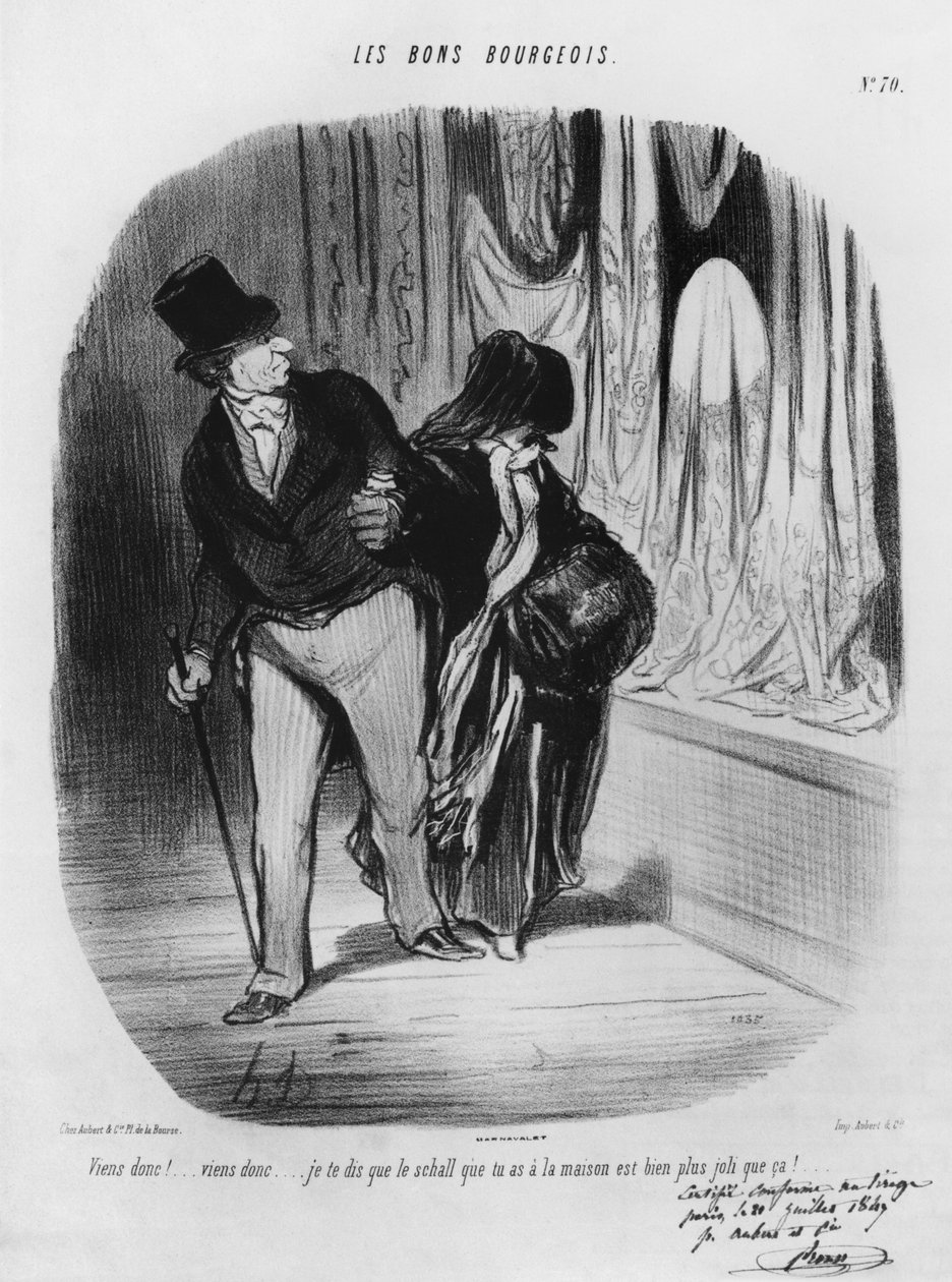 Série &39;Les Bons Bourgeois&39;, Venha, estou dizendo que o lenço que você tem em casa é muito mais bonito, placa 70, ilustração do &39;Album Les Bons Bourgeois&39;, 1847 de Honoré Daumier