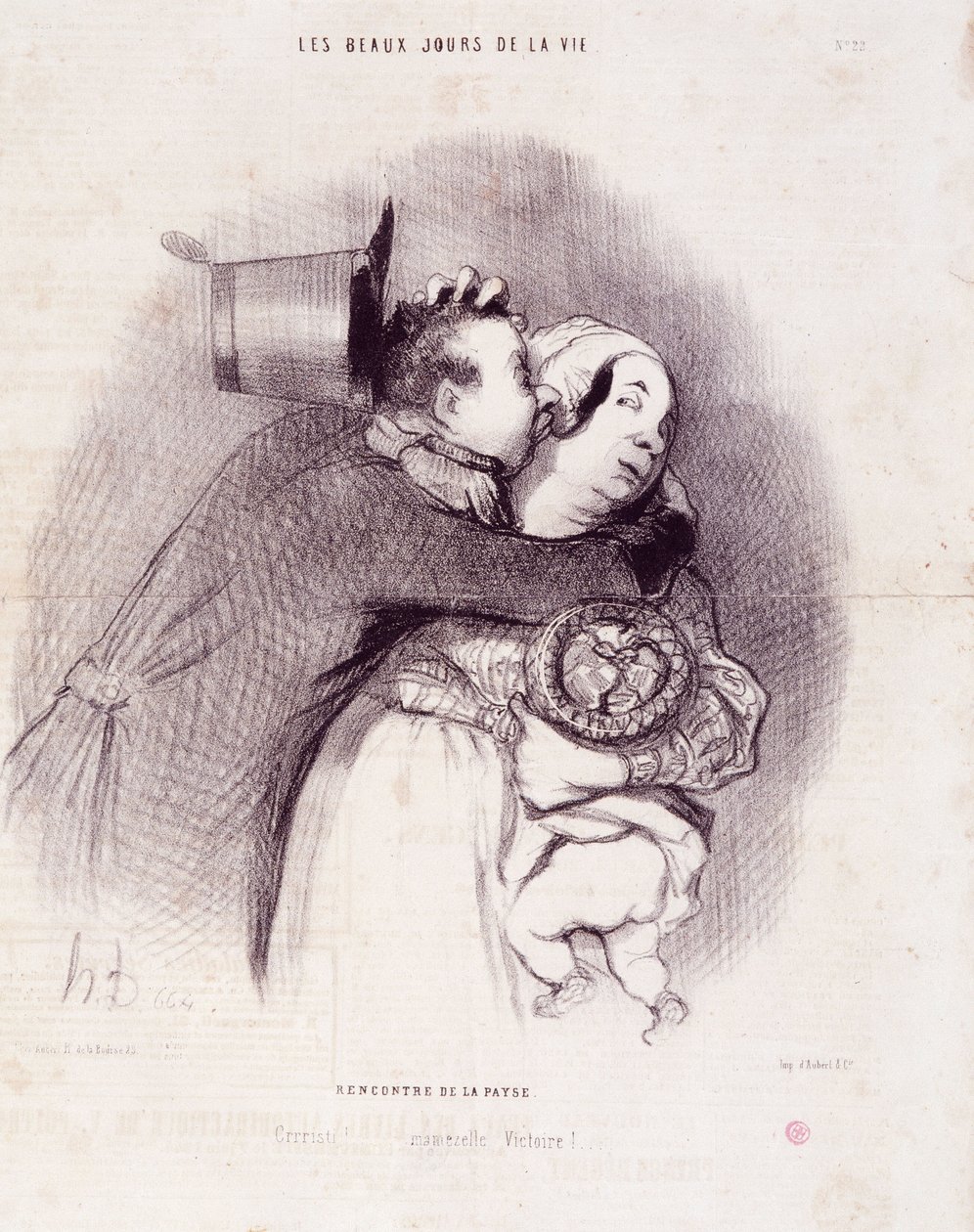 Série "The Beautiful Days of Life": "Encontro do país...". Gravação por Honore DAUMIER (1808-1879). Extracto do jornal "Le Charivari" de 8 de Setembro de Honoré Daumier