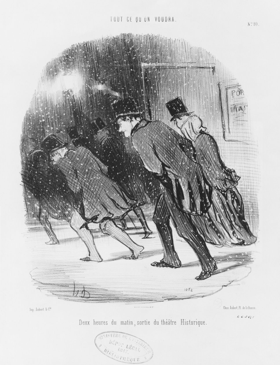 Série &39;Tout ce qu&39;on voudra&39;, Duas da manhã, saída do Teatro Histórico, placa 10, 1847 de Honoré Daumier