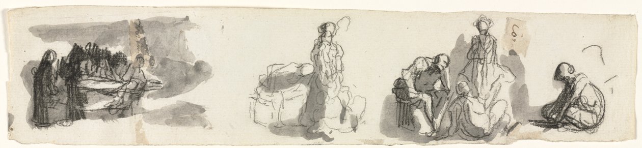 Folha de estudos com um grupo de quatro figuras à direita (reto) de Honoré Daumier