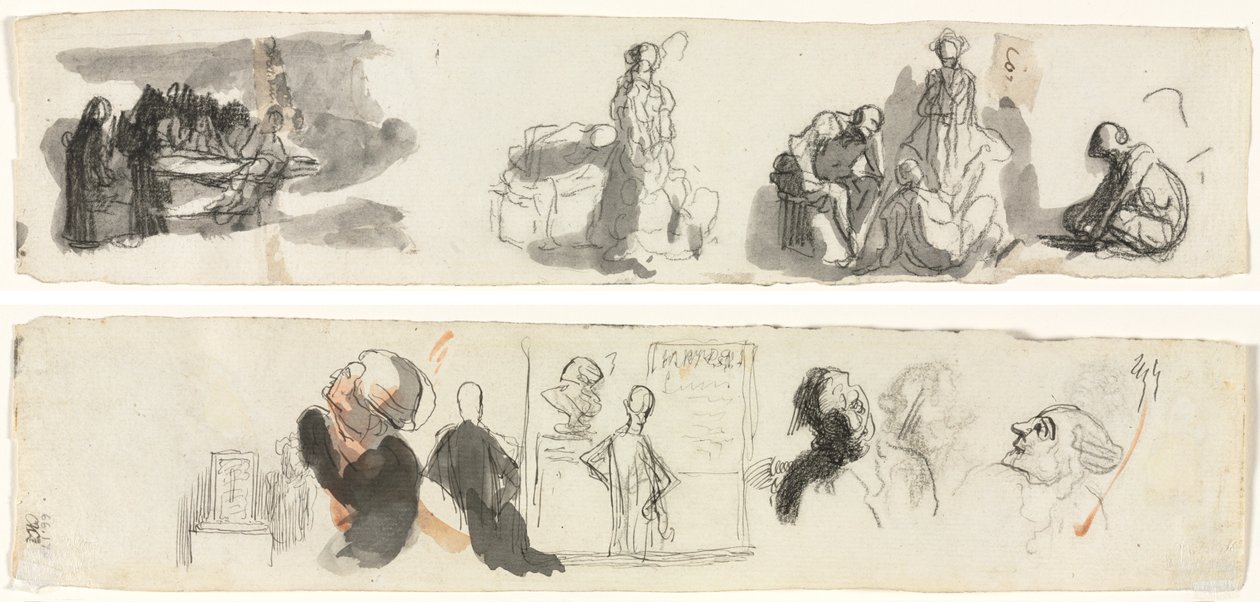 Folha de estudos com um grupo de quatro figuras à direita (reto) Esboços de várias figuras (verso) de Honoré Daumier