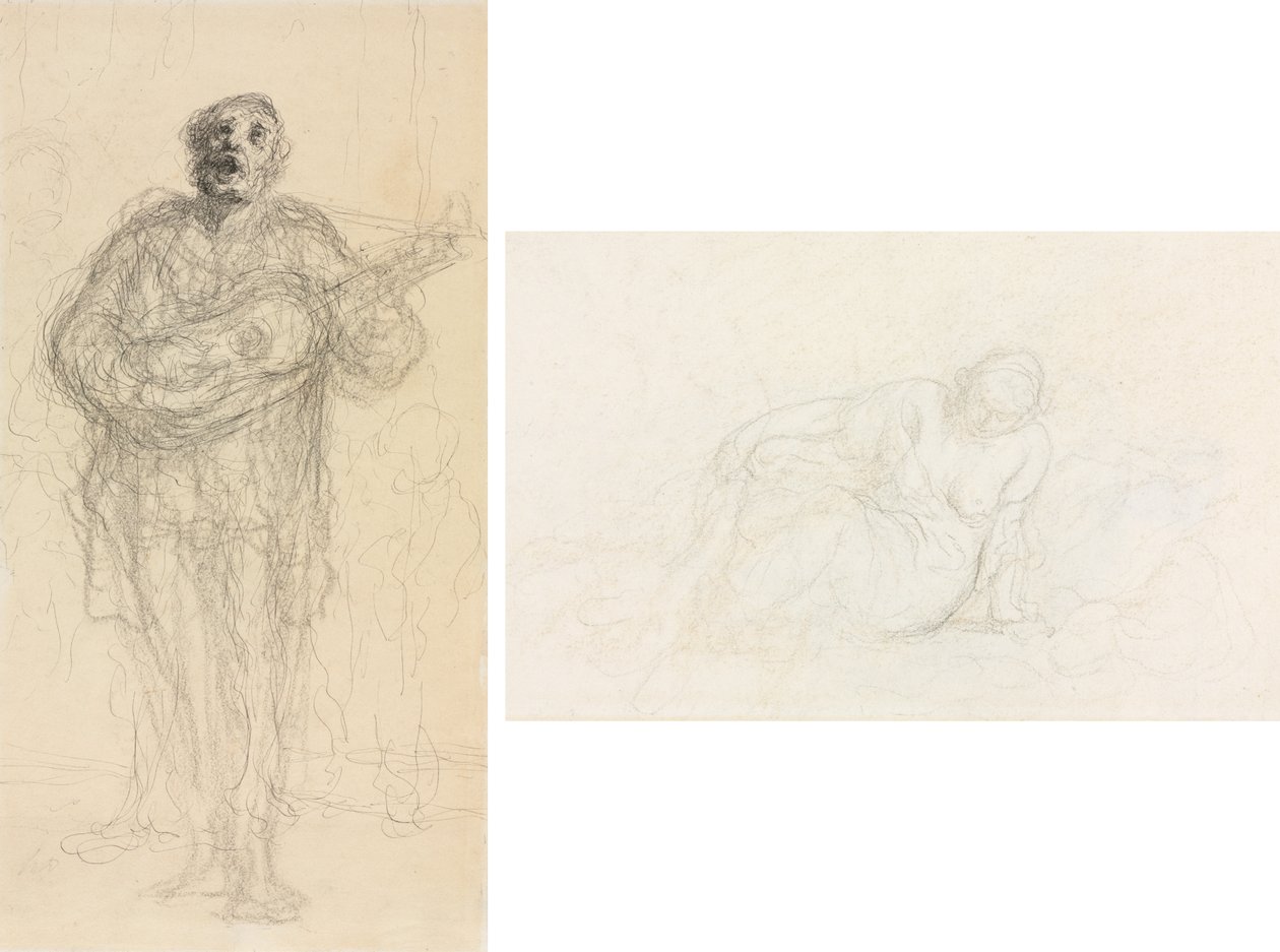 Guitarrista Cantor (reto); Mulher reclinada apoiada em seu braço (verso) de Honoré Daumier