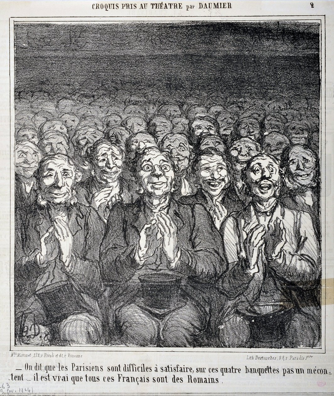 Esboço feito no teatro: "Diz-se que os parisienses são difíceis de satisfazer nestas quatro bancadas e não um mecenato é verdade que todos estes franceses são romanos" Gravação de Honore Daumier (1808-1879) em "Le Charivari". Palais Longchamp, Musee de Honoré Daumier