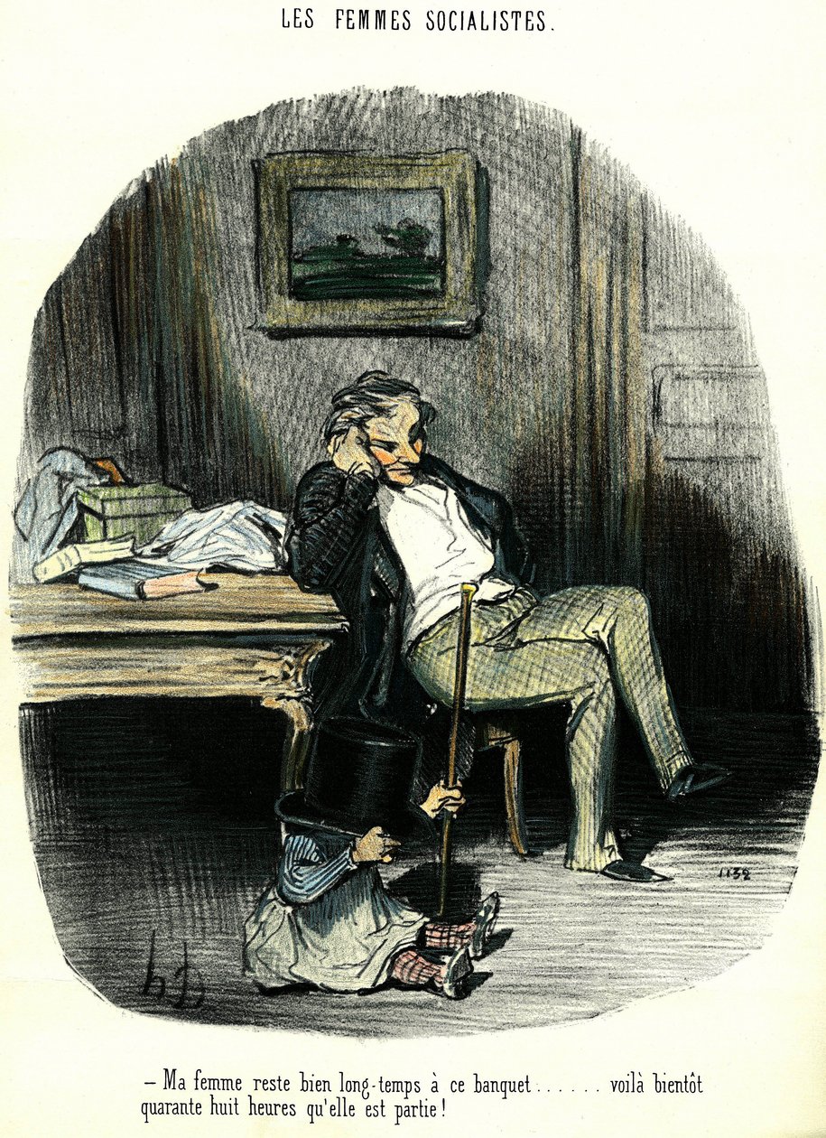 Mulheres socialistas Desenho animado anti-feminista retratando um homem esperando com seu filho o desaparecimento de sua esposa por dois dias. Litografia de Honore Daumier (1808-1879) Coleção Particular do século XIX de Honoré Daumier