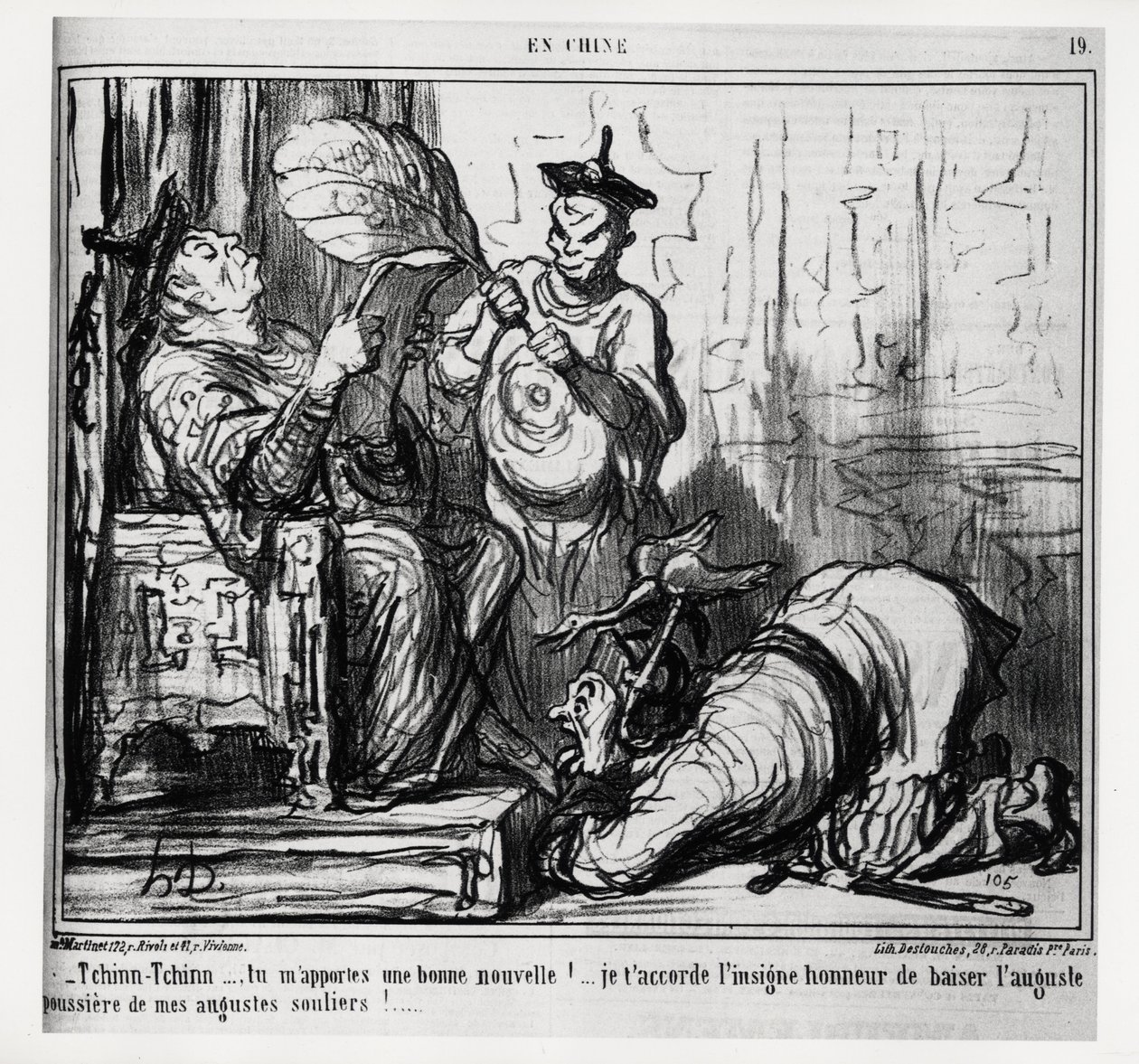 Tchinn Tchinn... Trazes-me boas notícias! Dou-te a grande honra de beijar o augusto pó dos meus augustos sapatos. Na serie En Chine, ilustração de Honore Daumier (1808-1879), publicada em "Charivari", datada de 7 de dezembro de Honoré Daumier