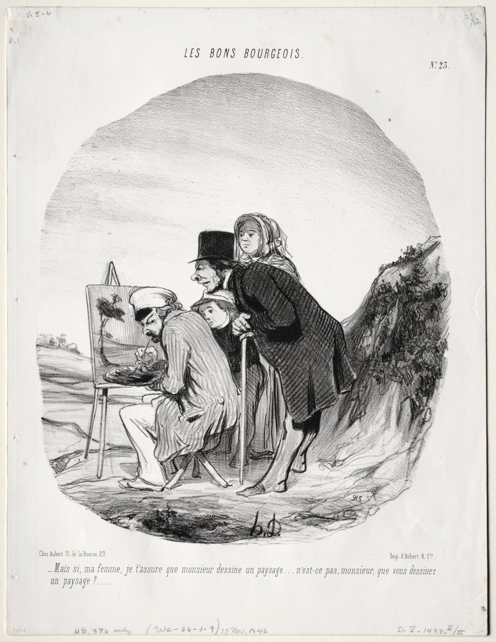 The Good Bourgeois, Gravura 23: "Mas sim, meu caro, asseguro-lhe que este senhor está desenhando uma paisagem... não é assim, senhor, que você está desenhando uma paisagem?" (Les bons bourgeios, planche 23: Mais si, ma femme... monsieur dessine un paysage. de Honoré Daumier