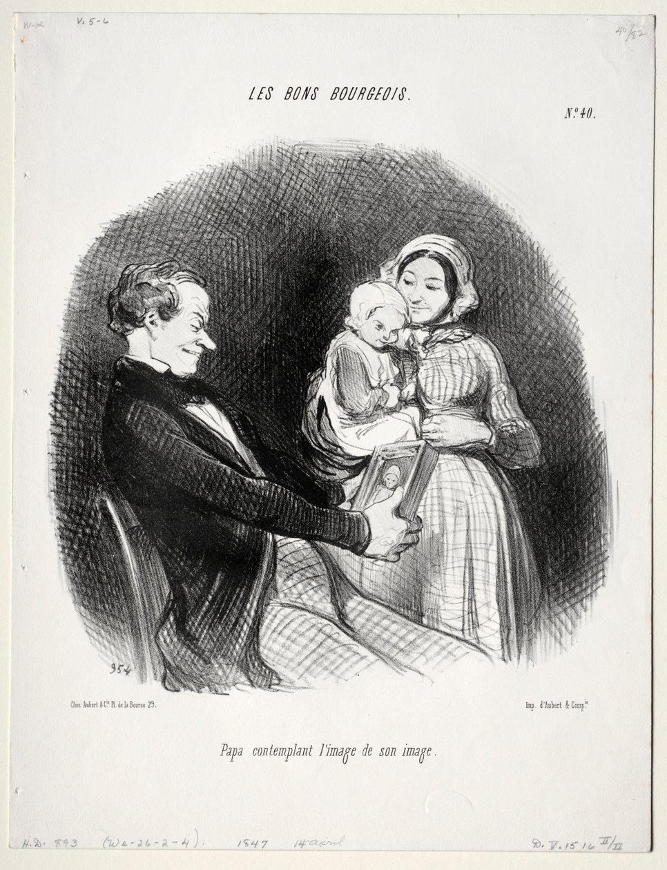 O Bom Burguês, prato 40: Papa contempla uma semelhança de sua semelhança, 1847. de Honoré Daumier