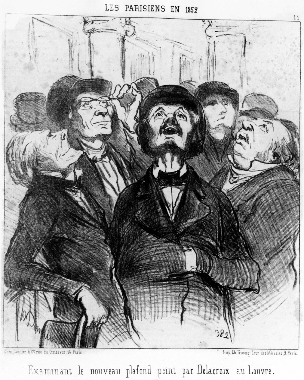 Os parisienses em 1852 examinam o novo teto pintado por Delacroix no Louvre, retirado de "Pinturas e Salões", série de caricaturas de Honore Daumier (1808-1879). "Charivari". de Honoré Daumier