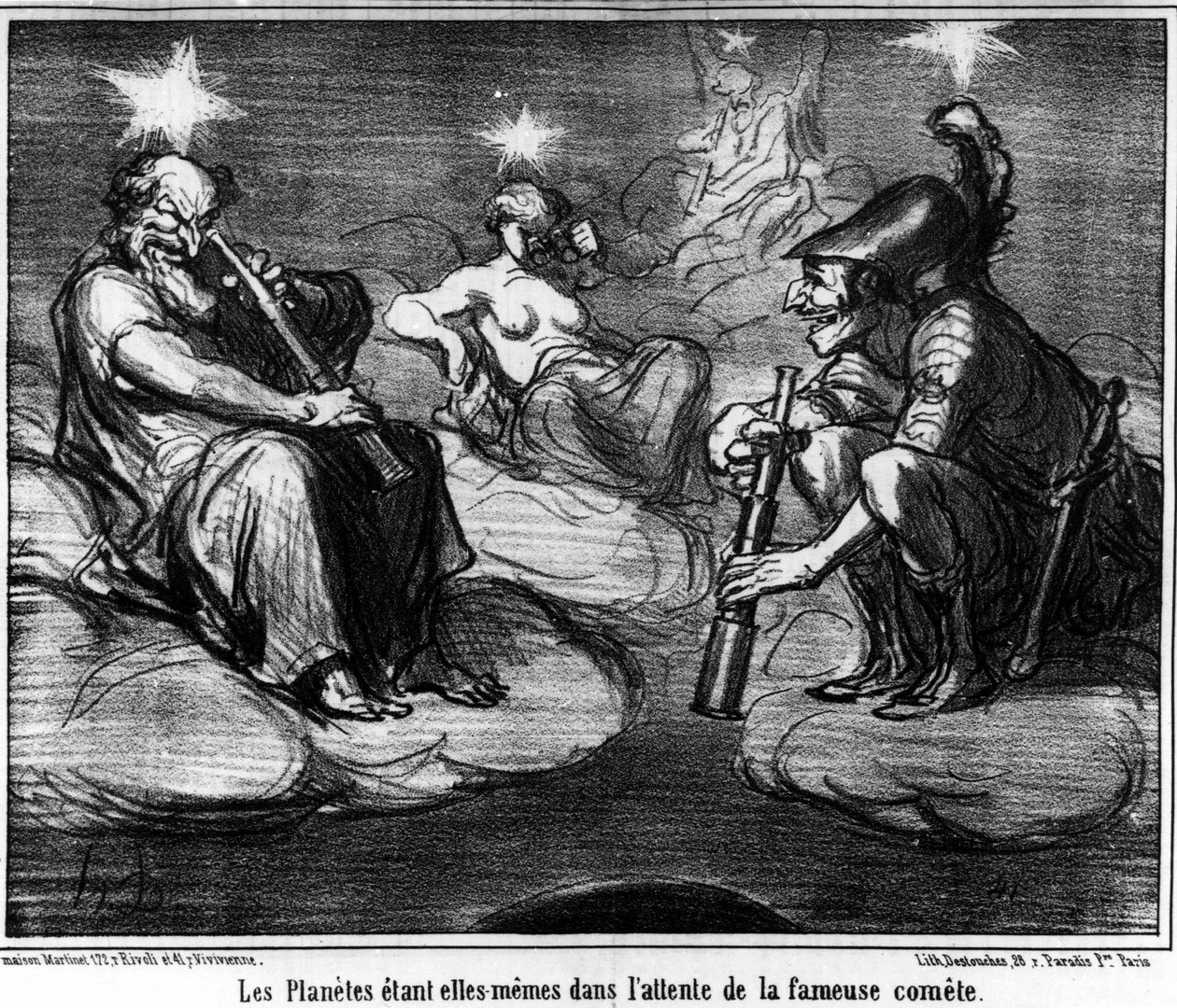 Os próprios Planetas estão à espera do famoso cometa, retirado de "Astronomia", caricatura de Honore Daumier (1808-1879). "Charivari". de Honoré Daumier