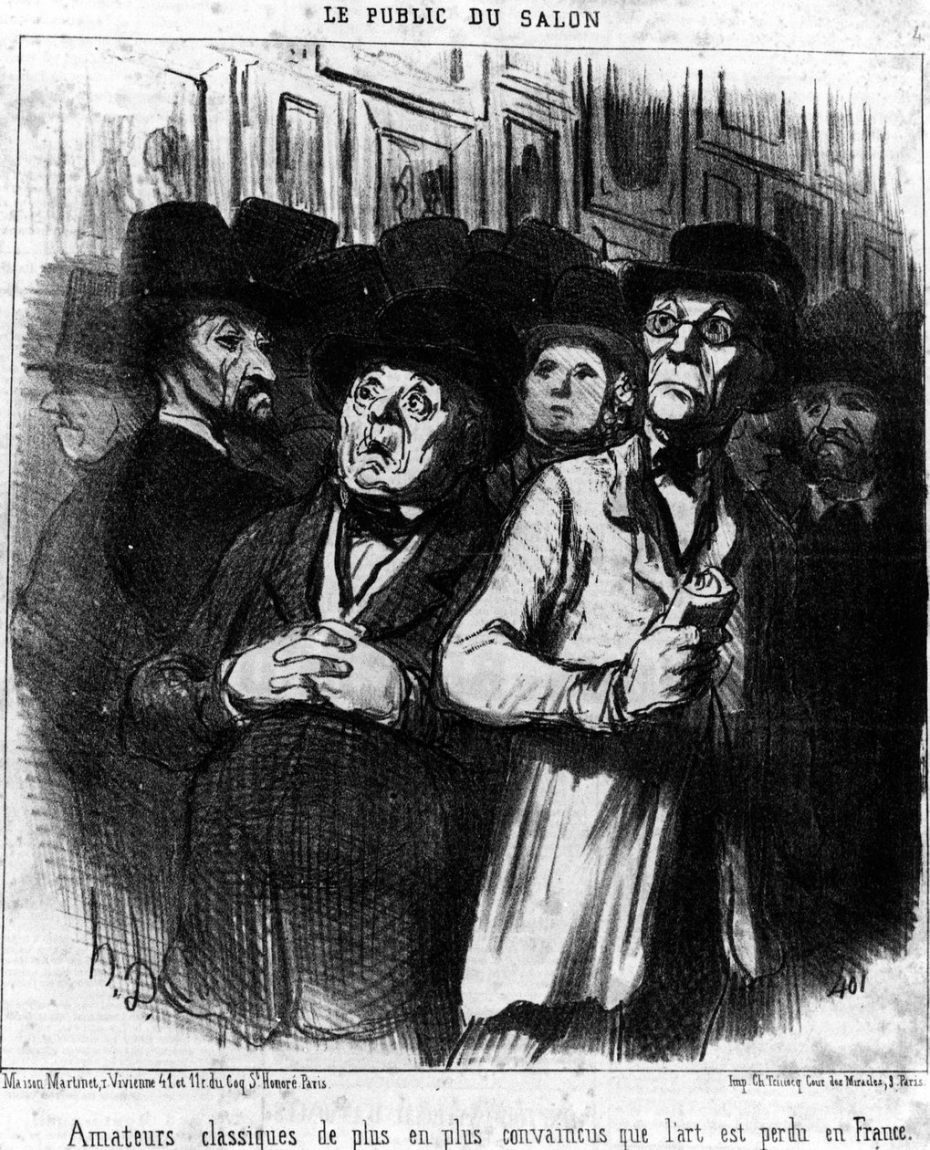 O público do espectáculo. Amadores clássicos cada vez mais convencidos de que a arte está perdida na França, tirada de "Paintings and Salons", série de desenhos animados de Honore Daumier (1808-1879). "Charivari". de Honoré Daumier