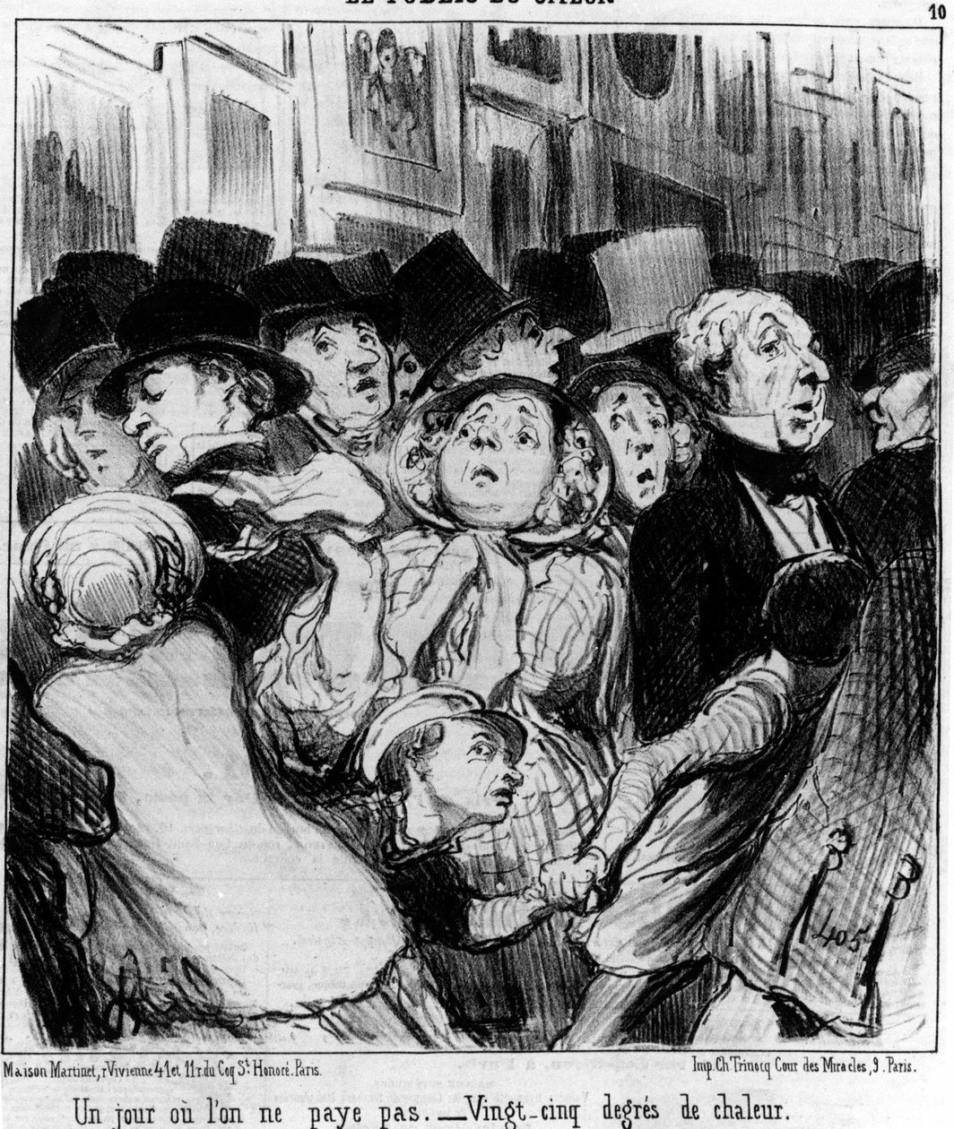 O público do espectáculo. Um dia você não paga. Vinte e cinco graus de calor, tirado de "Pinturas e Salões", série de desenhos animados de Honore Daumier (1808-1879). "Charivari". de Honoré Daumier