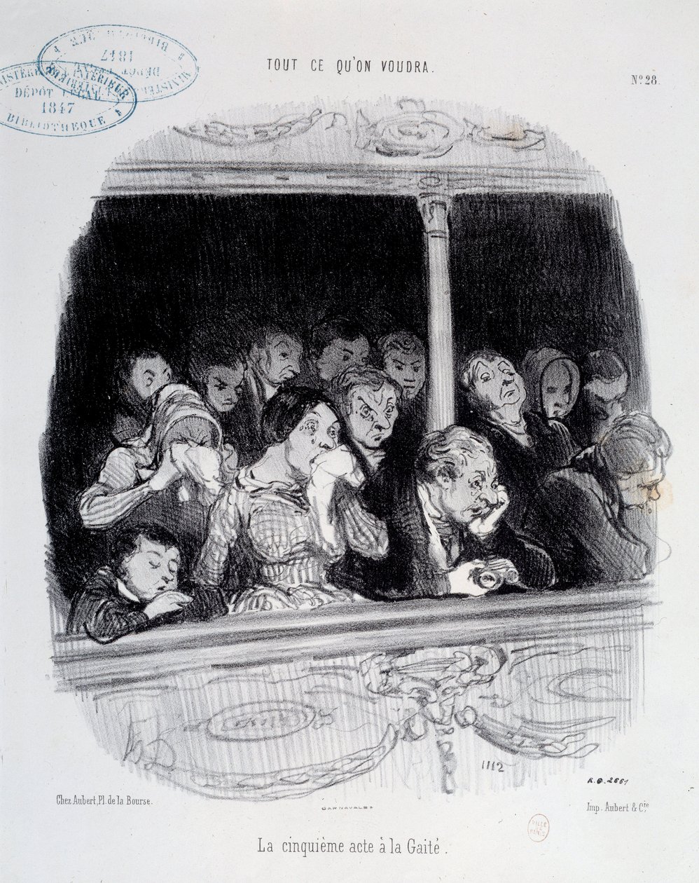 O quinto ato tem as Expressões de Gaita do rosto do público durante o espetáculo (tédio, fadiga, desinteresse) Caricatura de Honore Daumier (1808-1879). Carnaval de Paris do século XIX de Honoré Daumier