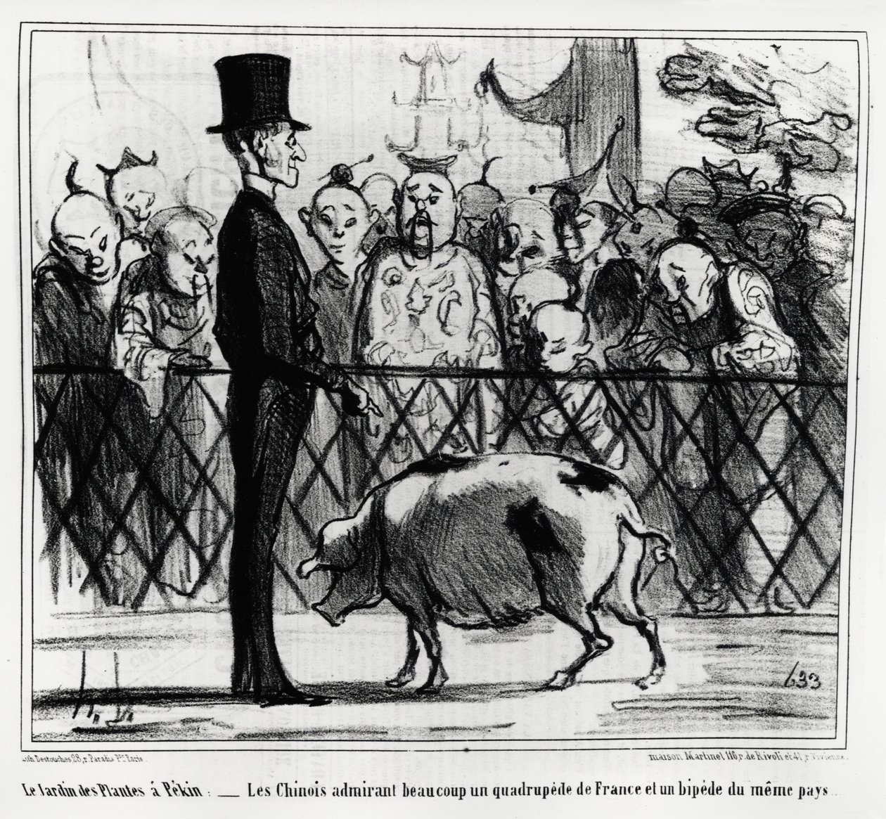 O jardim das plantas em Pequim: os chineses admirando uma quadruplicação da França e um sinal sonoro do mesmo país. Ilustração de Honore Daumier (1808-1879), publicada em "Charivari", China Actualites de Honoré Daumier