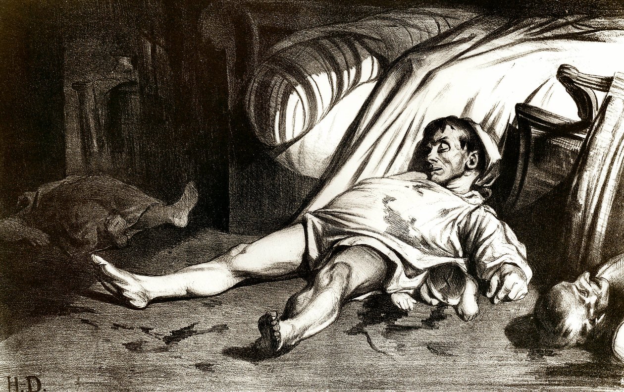 O massacre da Rue Transnonain em 14/04/1834: os massacres militares dos habitantes do edifício 12 da Rue Transnonain em Paris, reprimiu-o após a morte de um dos seus oficiais - Litografia de Honore Daumier (1808-1879) 1837. Coleção particular de Honoré Daumier