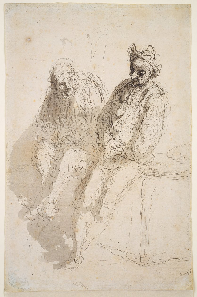 Dois Saltimbancos, c.1865-73 (tinta preta-cinzenta, lavagens cinzentas sobre papel) de Honoré Daumier