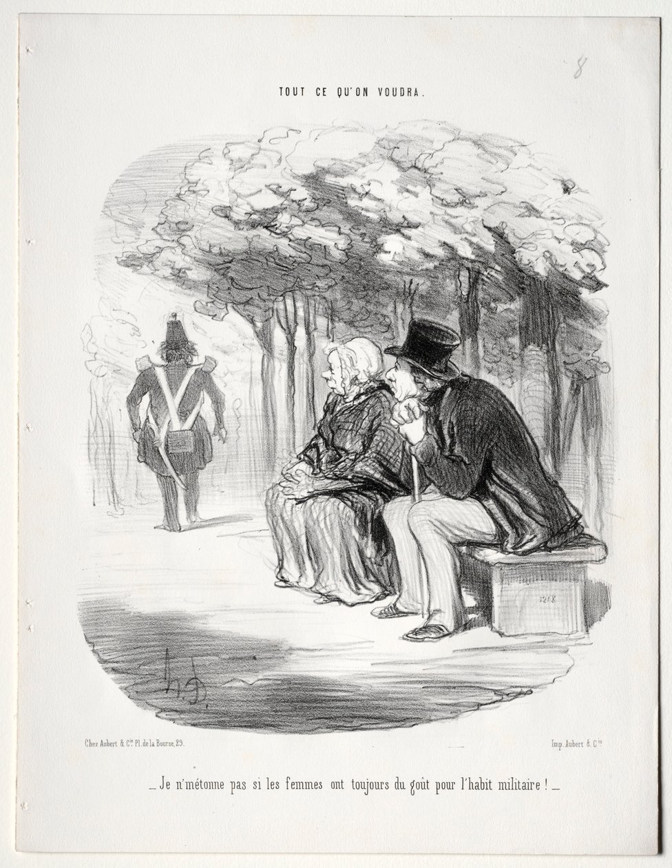 O que você quiser, placa 51: não me pergunto que as mulheres sempre gostam do uniforme militar, 1848. de Honoré Daumier