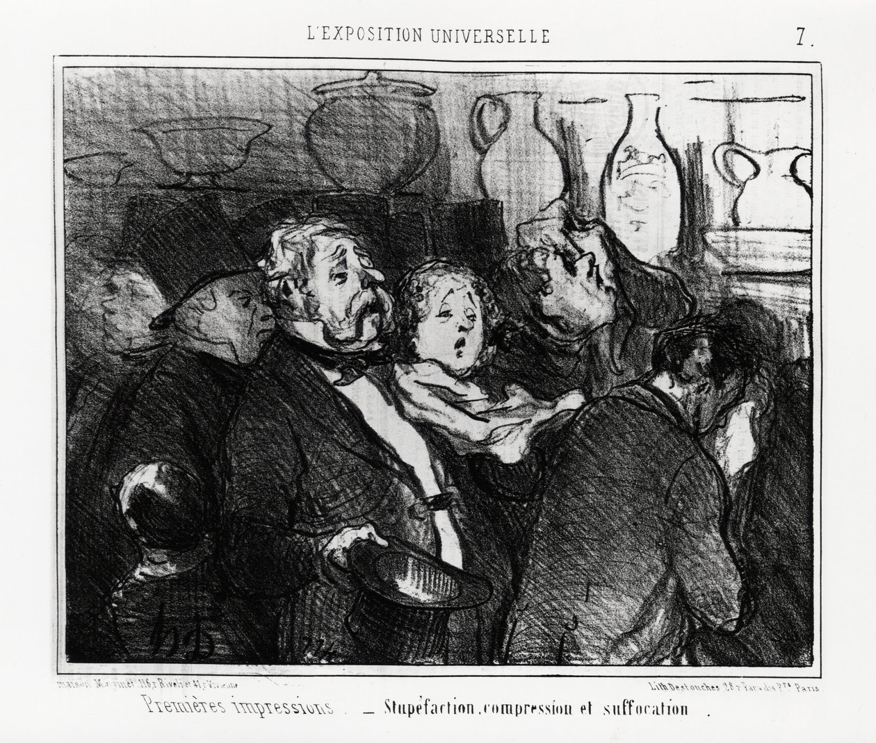 Exposição mundial: primeiras impressões: estupefação, compressão e asfixia. Ilustração de Honore Daumier (1808-1879), publicada no noticiário, "Charivari", datada de 24 de Maio de 1855. de Honoré Daumier
