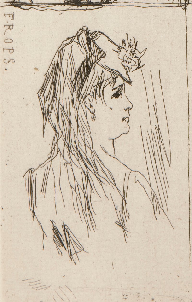 a. Cabeça de um homem velho por Daumier (canto superior esquerdo); b. Chez Charles Beriot por Taiee (centro superior); c. Cabeça de uma mulher jovem por Rops (canto superior direito); d. Paisagem fluvial por Harpignies (centro inferior); e. Perfil de uma m de Honoré Daumier
