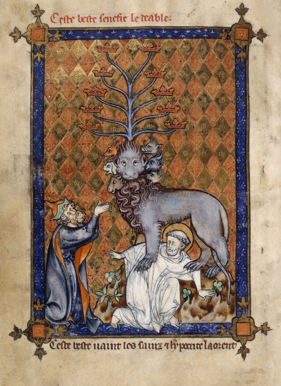 Adicionar. 54180, f.14v A Besta do Apocalipse, atropelando um santo e adorada por um hipócrita ajoelhado, ilustração de 