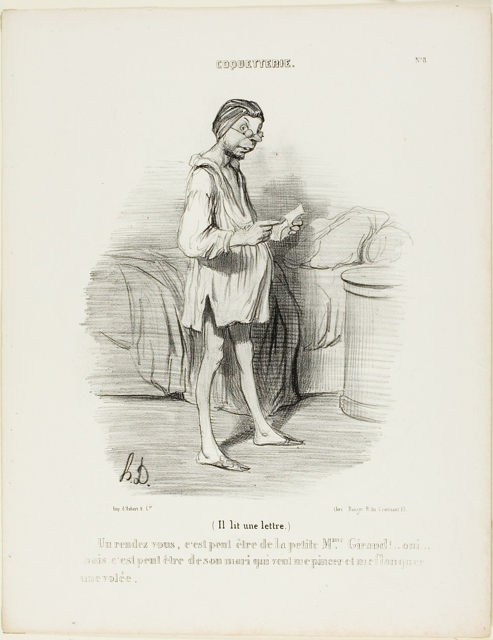 (Ele está a ler uma carta) "Um encontro, poderá ser da bonita Mme Giraud Sim, mas também pode ser do marido dela que me quer beliscar...", placa 8 de Coquetterie de Honoré Victorin Daumier