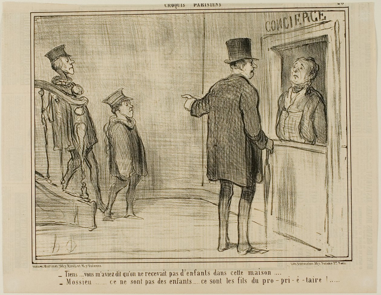 "- Mas disse-me que não são permitidas crianças nesta casa... - Senhor, não são crianças... são os filhos do proprietário!...", chapa 23 de Croquis Parisiens, - par Daumier de Honoré Victorin Daumier