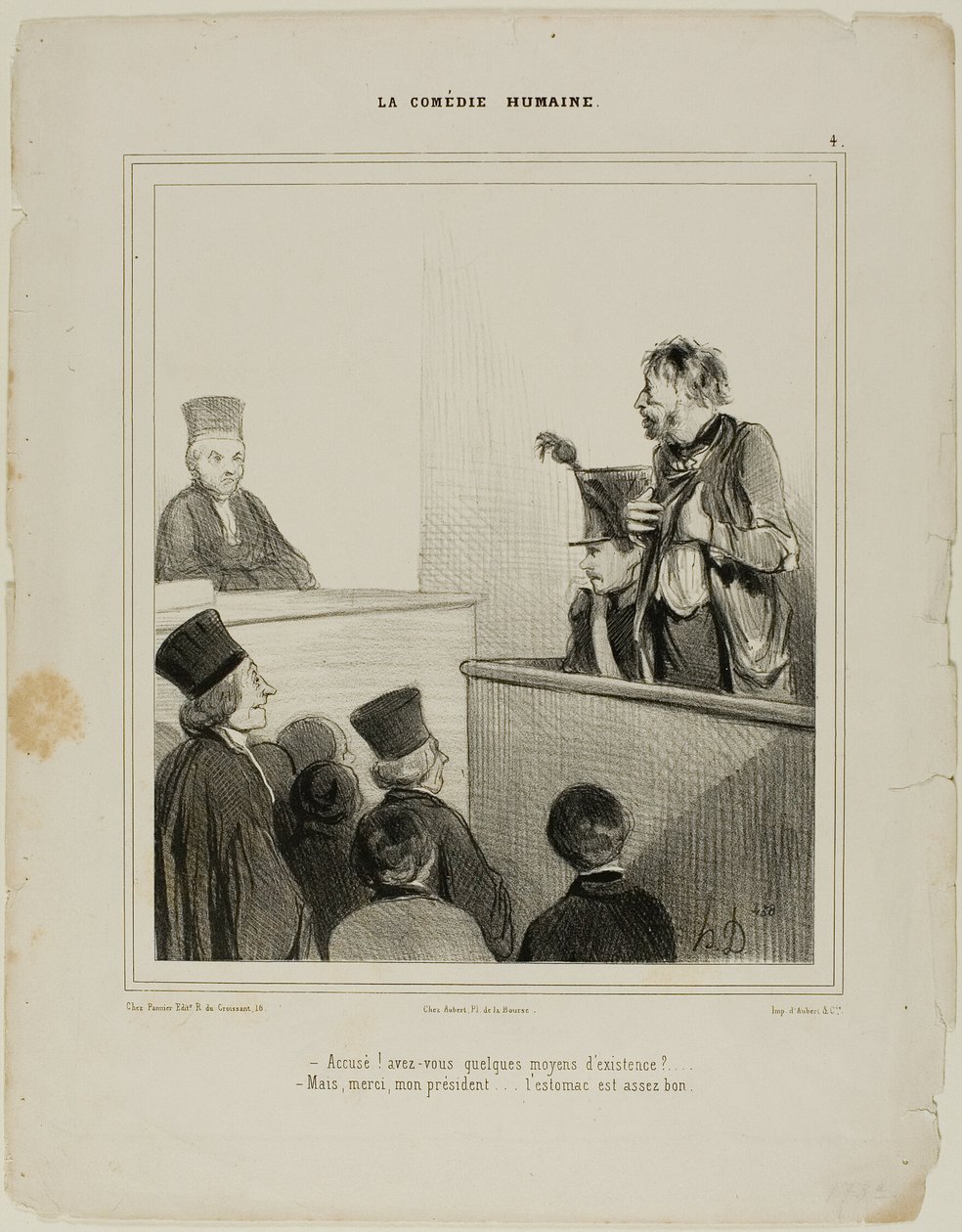 "- Réu! Tem algum meio de vida - Obrigado, Sr. Presidente.... Tenho um estômago bastante bom", chapa 4 La Comédie Humaine de Honoré Victorin Daumier